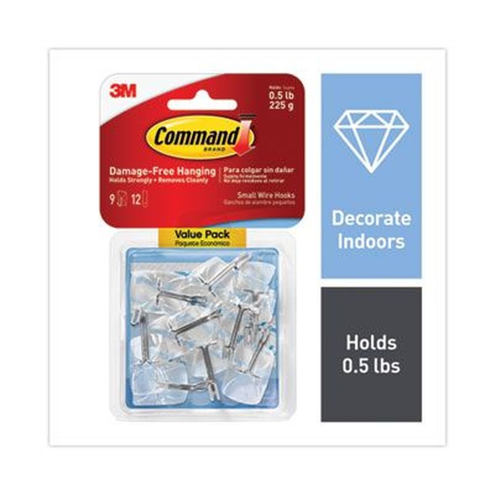 Command Clear Small Plastic/Metal Hooks and Strips, 0.5 Pound Capacity - 9 Hooks and 12 Strips per pack