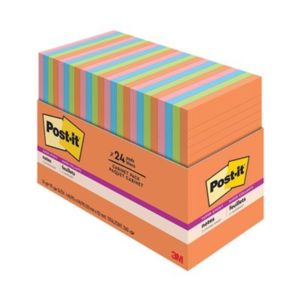 Post-it Notes Super Sticky Energy Boost Collection Colors Note Ruled Pad, 4 X 6 Inch - 45 Sheets Per Pad -- 24 Pads Per Pack