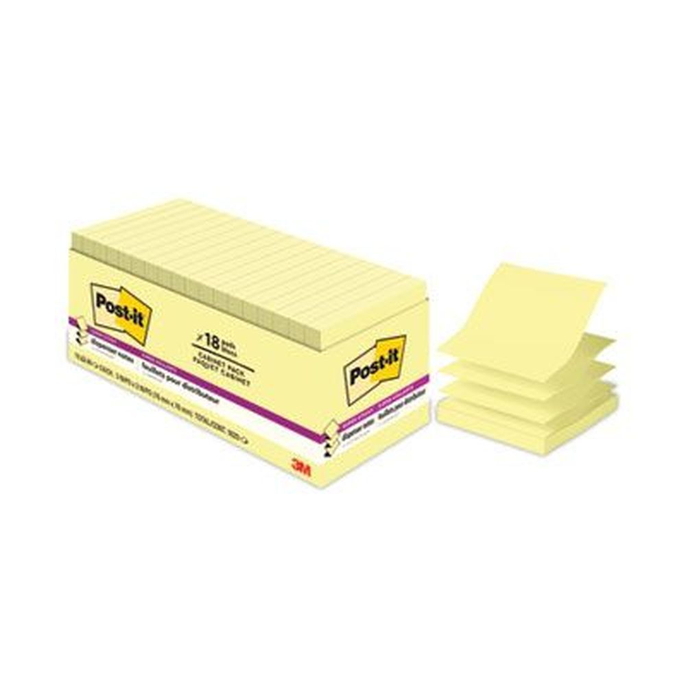 Post-it Dispenser Notes Super Sticky Canary Yellow Pop-up 3 X 3 Inch Note Refill - 90 Sheets Per Pad -- 18 Pads Per Pack