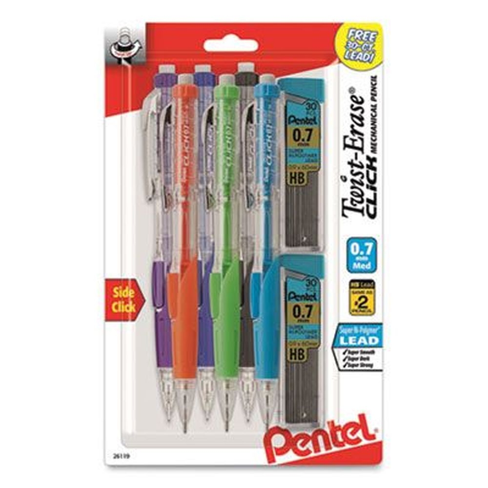 Pentel Twist-Erase CLICK Black Lead Assorted Barrel Colors 0.7 mm Number 2.5 HB Mechanical Pencils -- 6 per pack