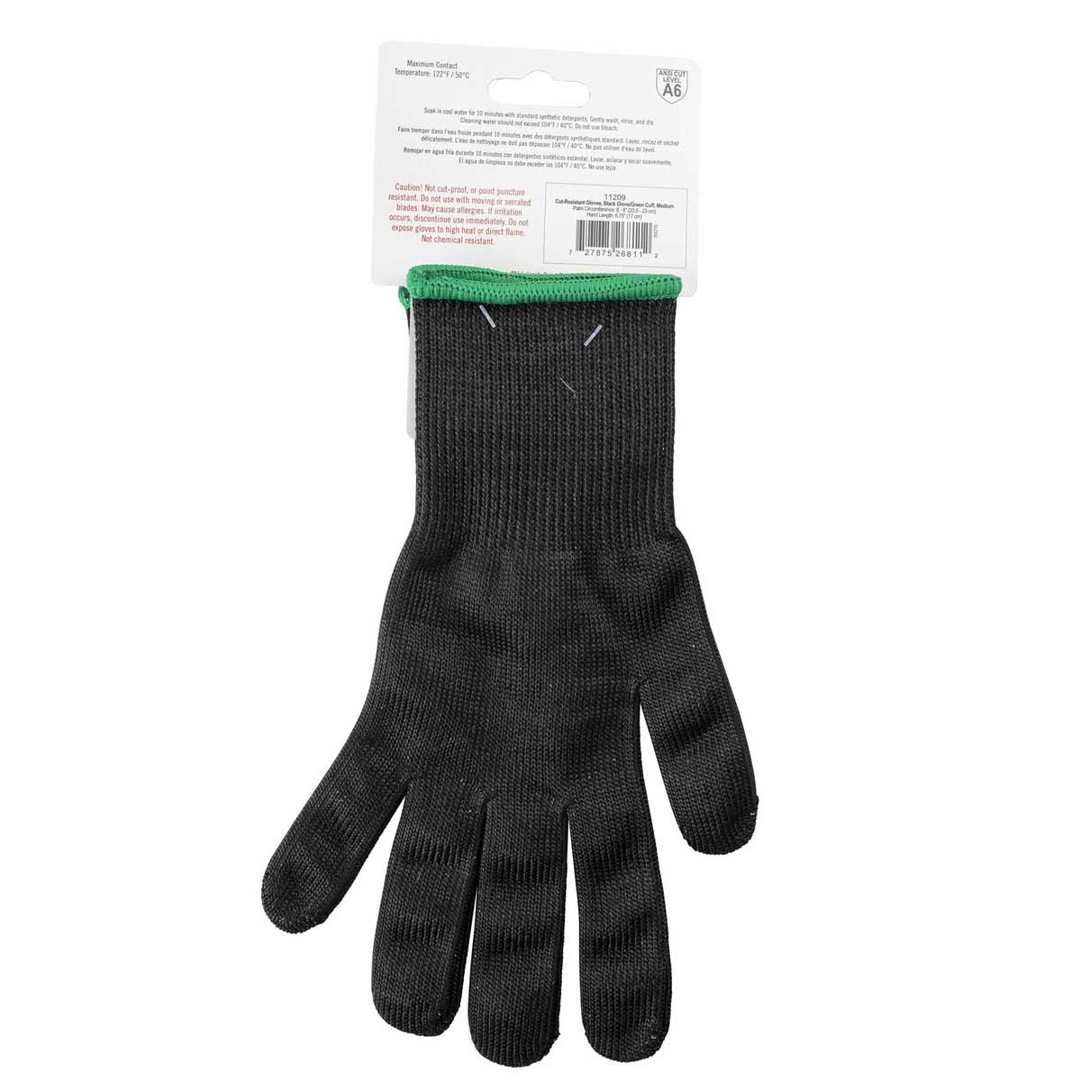 Tablecraft The Protector Medium Cut Resistant Green Cuff Black Glove, 9.625 x 5 x 0.125 inch