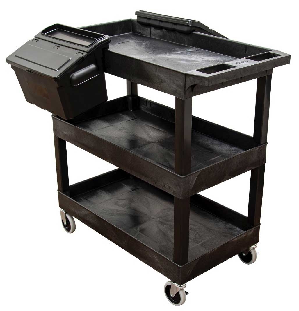 Luxor Black Three 32 x 18 inch Tub Shelves Cart with Outrigger Utility Cart Bins, 35.25 x 18 x 36.25 inch Height