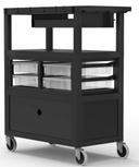 Luxor Black 32 x 18 Deluxe Teacher Cart with Locking Cabinet Storage Bins Keyboard Tray Pocket Chart Hooks and Cup Holder