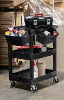 Luxor Black Plastic Three Shelves Utility Tub Cart with Outrigger Utility Cart Bins, 24 x 18 inch Shelf