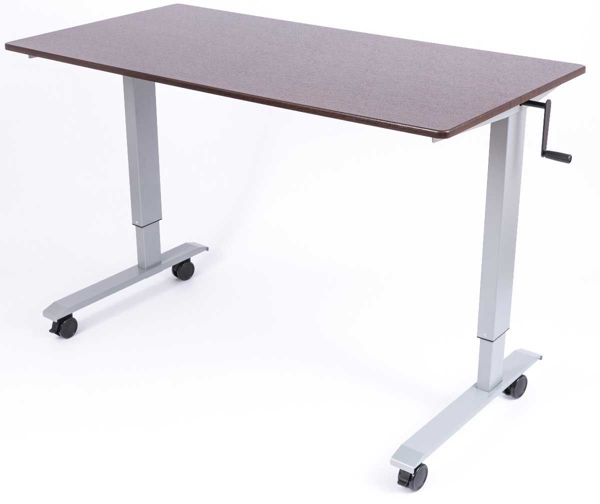 Luxor High Speed Crank Adjustable Stand Up Desk With Dark Walnut Desktop And Silver Powder Coated Steel Frame, 59 X 29.5 X 32.6 To 48.5 Inch Height