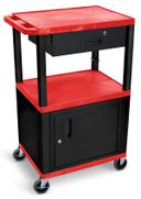 Luxor Red 3 Shelves Cabinet Drawer AV Cart with Electric Assembly and Black Legs, 24 x 18 x 42.5 inch Height