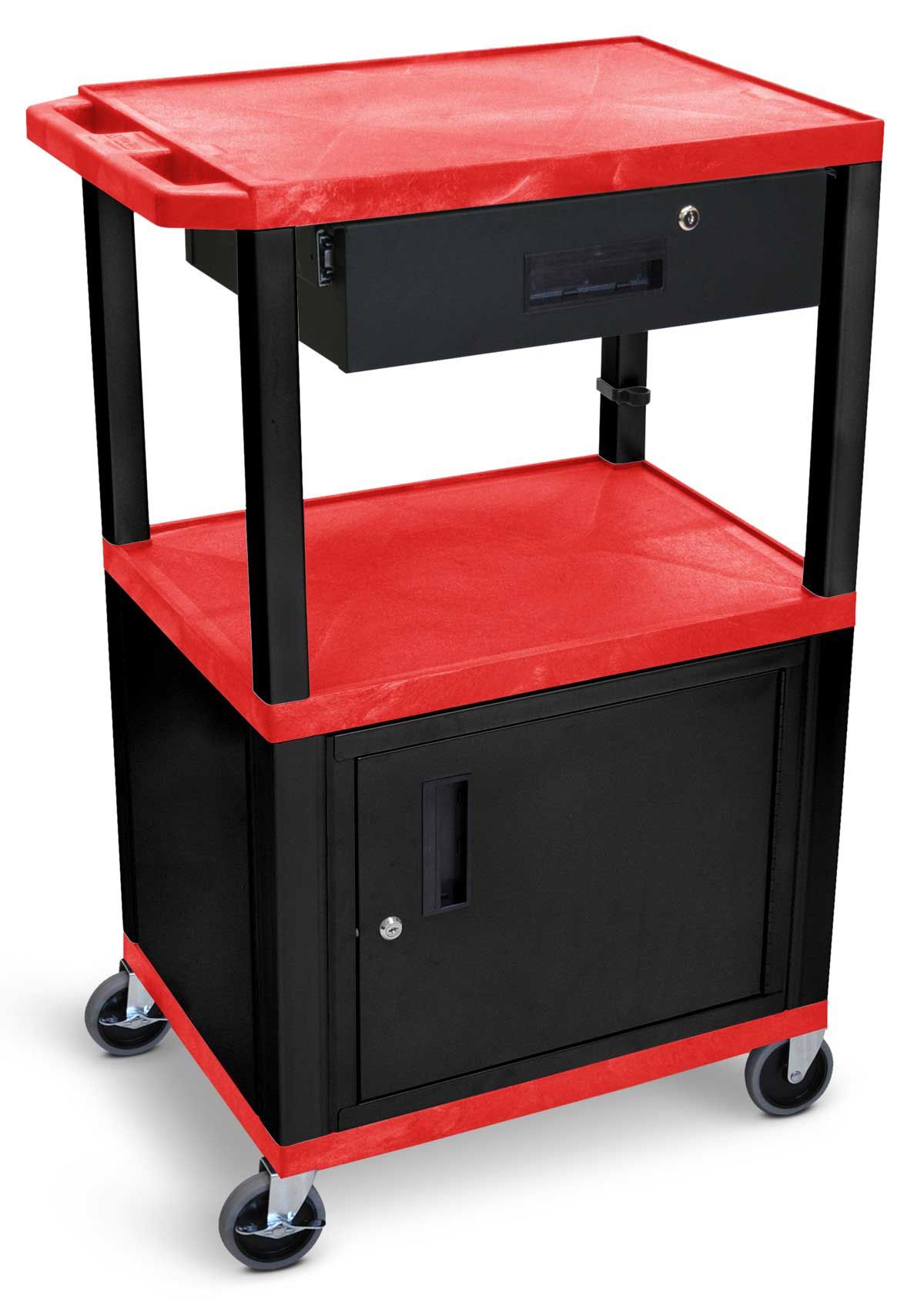 Luxor Tuffy Red 3-shelf Multi-purpose Utility Cart With Cabinet, Electric Assembly, Locking Drawer And Black Legs, 24 X 18 X 42.5 Inch