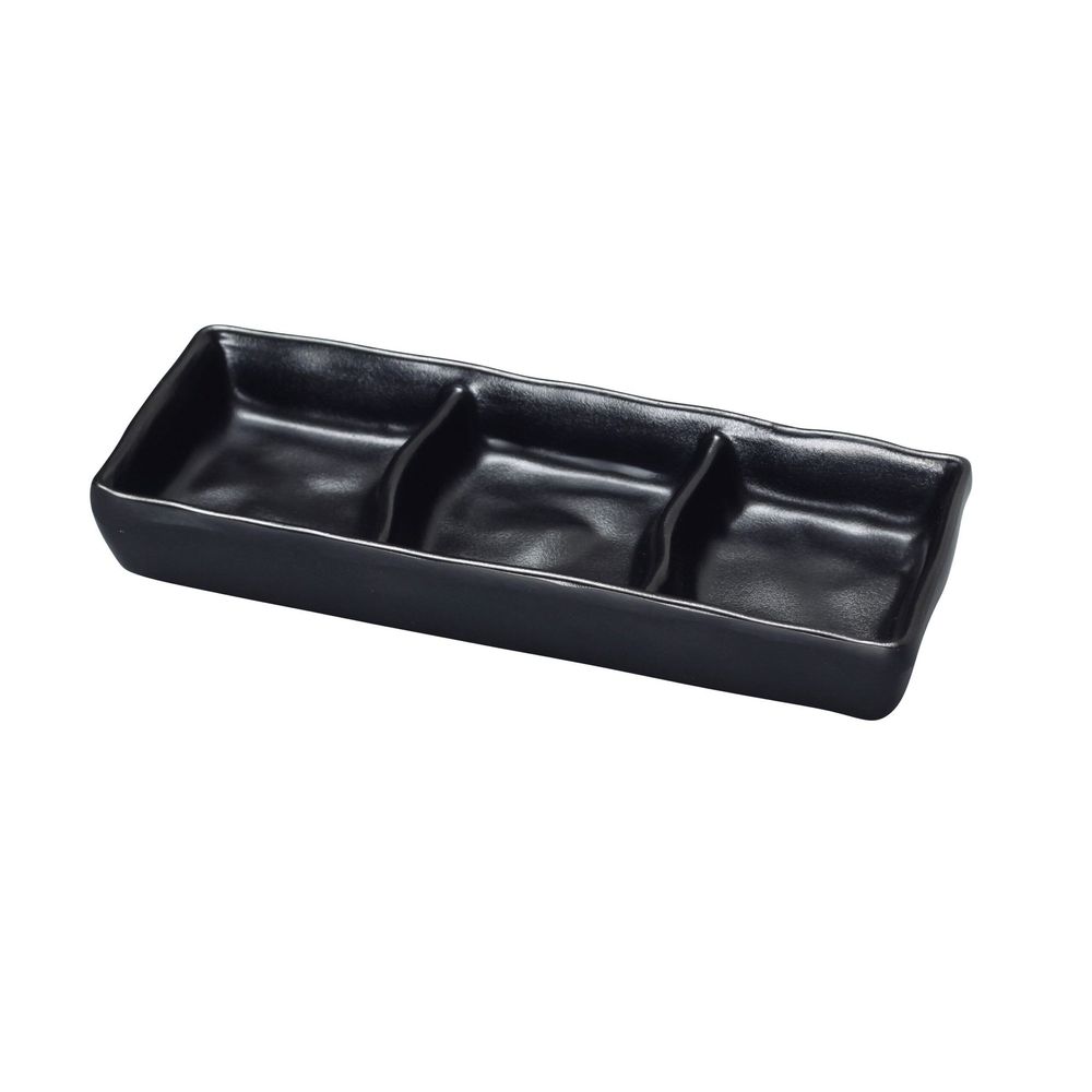 Yanco BP-4033 Black Pearl-2 Triple Sauce Dish, 2.5 x 7 inch, Melamine, Black -- 48 per case.