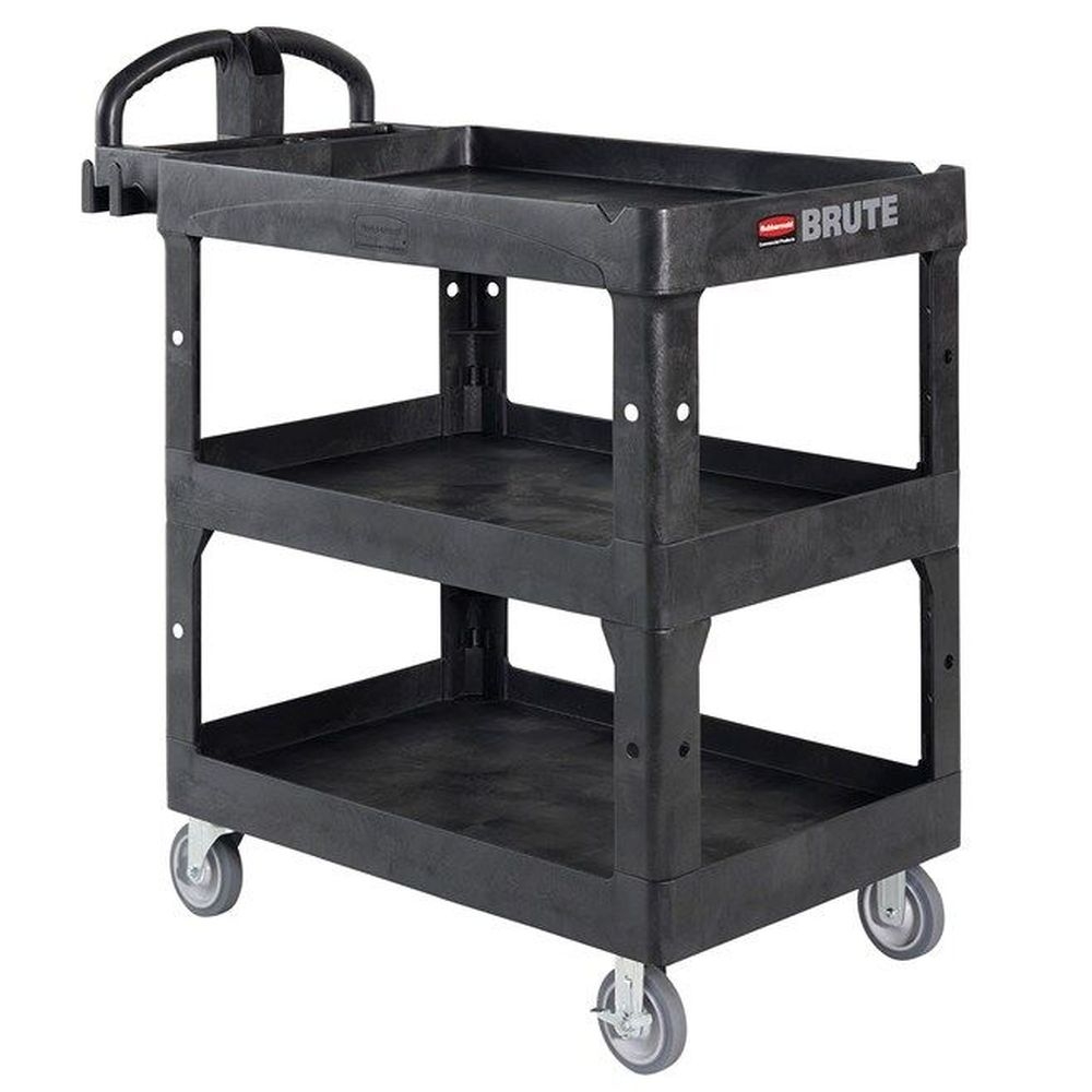 Brute Black Medium 3 Lipped Shelf Heavy-Duty Utility Cart with Ergo Handle