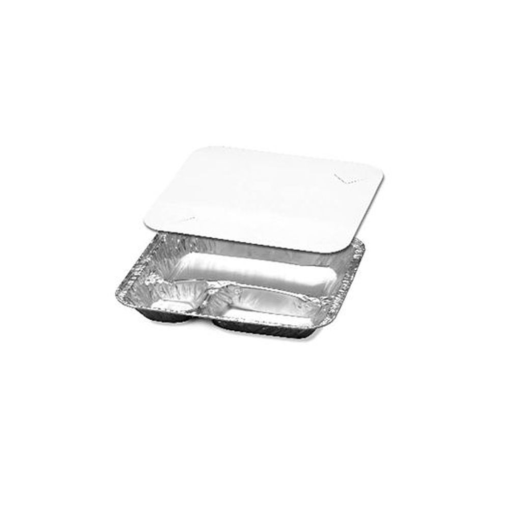 Aluminum 25 Ounce Silver 3 Compartment Oblong Pan with Clear Board Lid