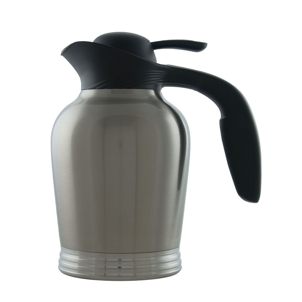 Service Ideas Ergoserv Stainless Vacuum Insulated Carafe With Brushed Stainless And Black Finish Push Button Lid, 1 Liter Capacity