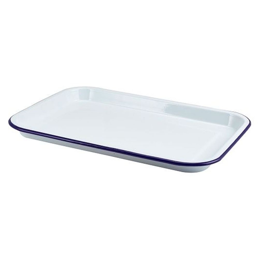 White with Blue Rim 13 inch Metal Enamel Serving Tray, 6 count