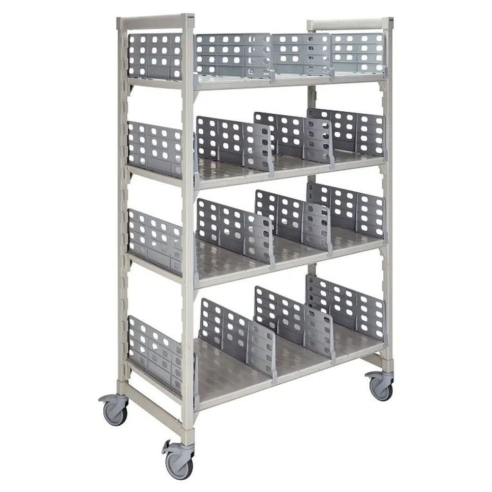Cambro Camshelving Premium Speckled Gray Polypropylene 4 Solid Shelves With Divider Panels Mobile Flex Station, 24 X 48 X 67 Inch