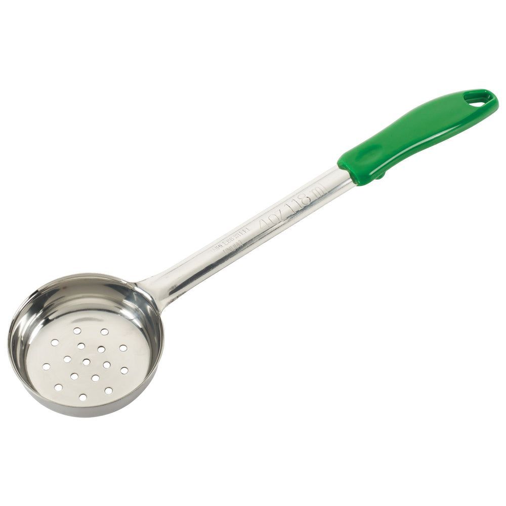 Winco Stainless Steel One Piece Perforated Food Portioner With Green Handle, 4 Ounce Capacity