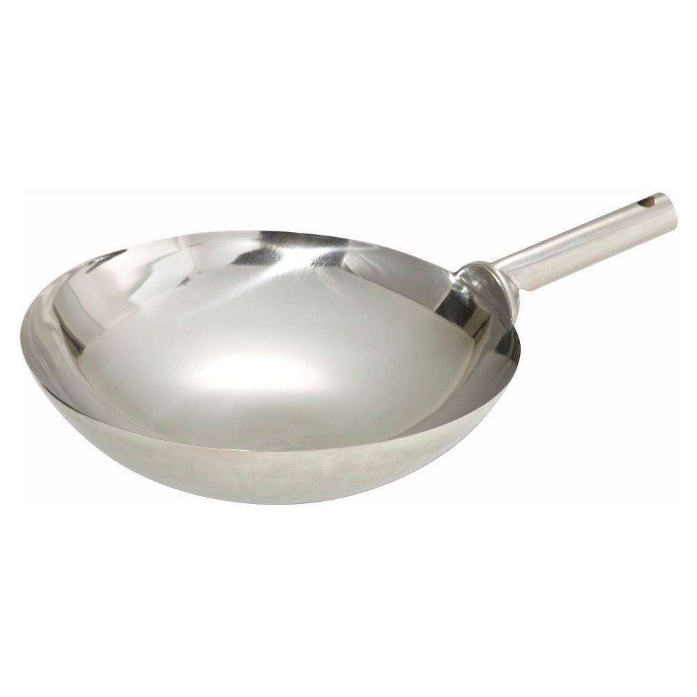 Winco Stainless Steel Mirror Finish Chinese Wok With Welded Handle, 14 Inch