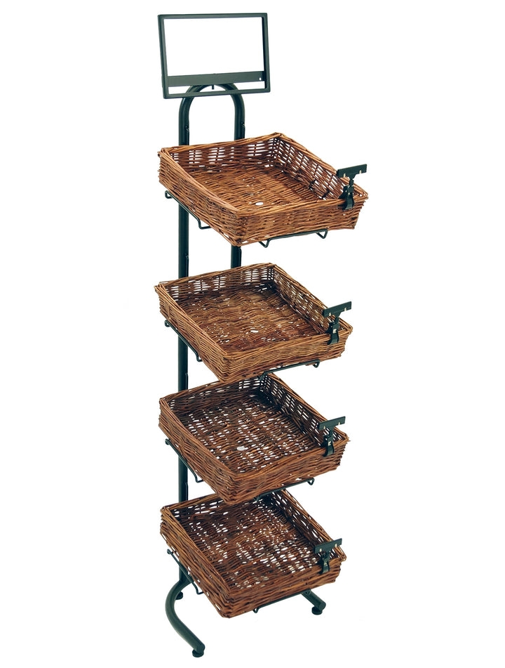 4-Tier Floor Display with 4 Square Willow Baskets and Sign Frame