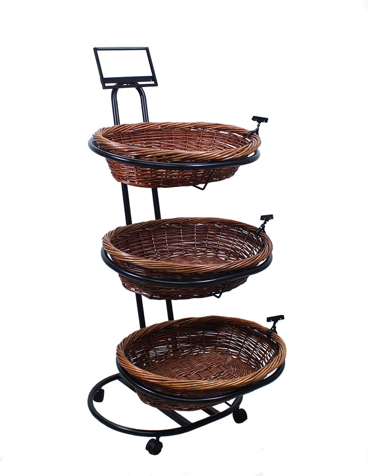 3-Tier Large Floor Display with 3 Oval Willow Baskets and 3 Sign Clips
